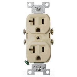 Eaton commercial specification grade duplex receptacle, #14-10 AWG, 20A, Commercial, Flush, 125V, Side wire, Ivory, Brass, Nylon, 5-20R, Duplex, Screw, Nylon, ED Box
