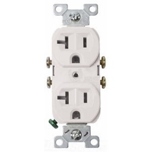 Eaton commercial specification grade duplex receptacle, #14-10 AWG, 20A, Commercial, Flush, 125V, Side wire, White, Brass, Nylon, 5-20R, Duplex, Screw, Nylon, ED Box