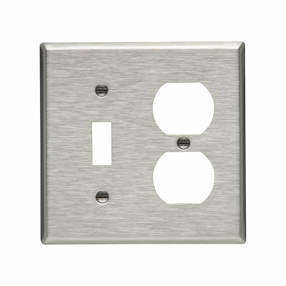 Eaton Combination wallplate, Stainless steel, Toggle, Duplex receptacle Cutout, Stainless steel, Two- gang, Standard, ED Box