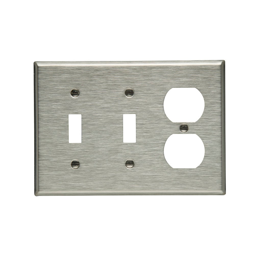 Eaton Combination wallplate, Stainless steel, Toggle, Toggle, Duplex receptacle Cutout, Stainless steel, Three- gang, Standard, ED Box