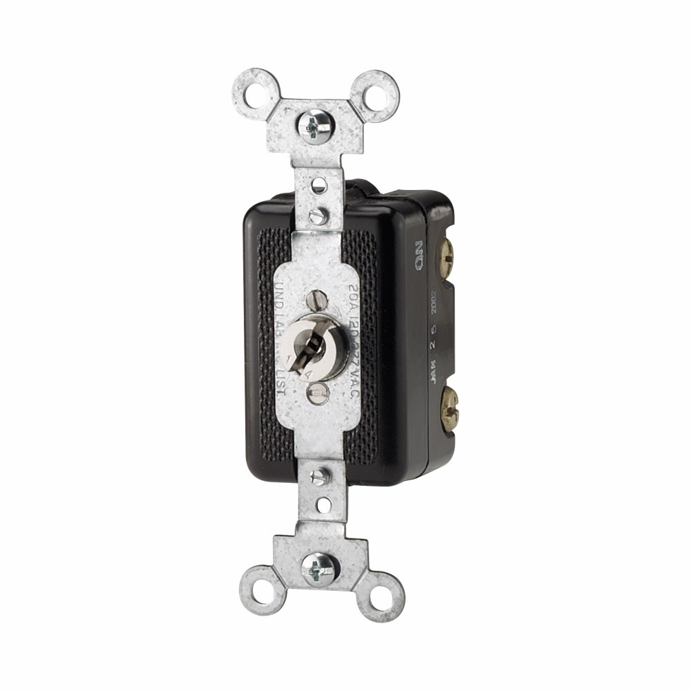 Eaton locking switch, Corbin type, removable key, #14-10 AWG, 20A, 120/277V, Back and side wiring, Key actuator, Maintained closure, Brown, Single-pole, Urea