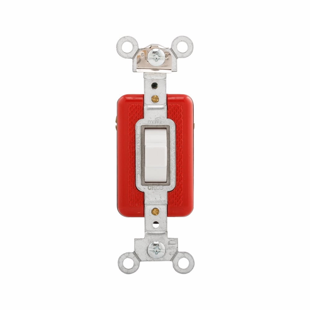 Eaton Arrow Hart industrial grade toggle switch, Momentary toggle, #14-10 AWG, 20A, Flush, 120/277V, Side wire, Screw, White, Load type: Motor Control, Fan, LED, Incandescent, ELV, MLV, CFL, Flourescent, Halogen, 1-pole, 1-pole, Brass
