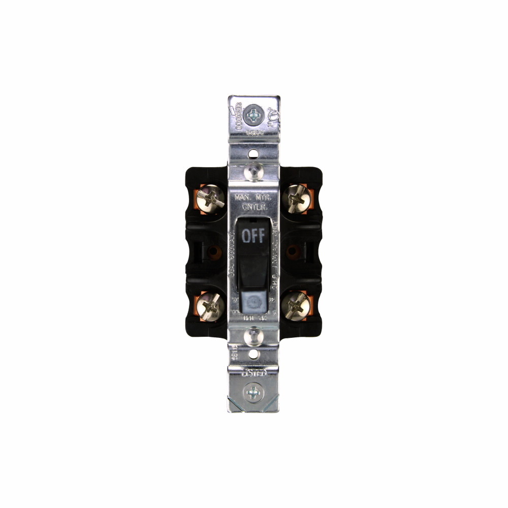 Eaton manual motor controller, Switch only, #14-10 AWG, 30A, Industrial, Panel, 600V, Front wired, Maintained contact, Black, Open, Two-pole, -20-65C, Single-phase, Toggle switch, Copper-alloy terminal, brass screw, Single-throw, Nylon