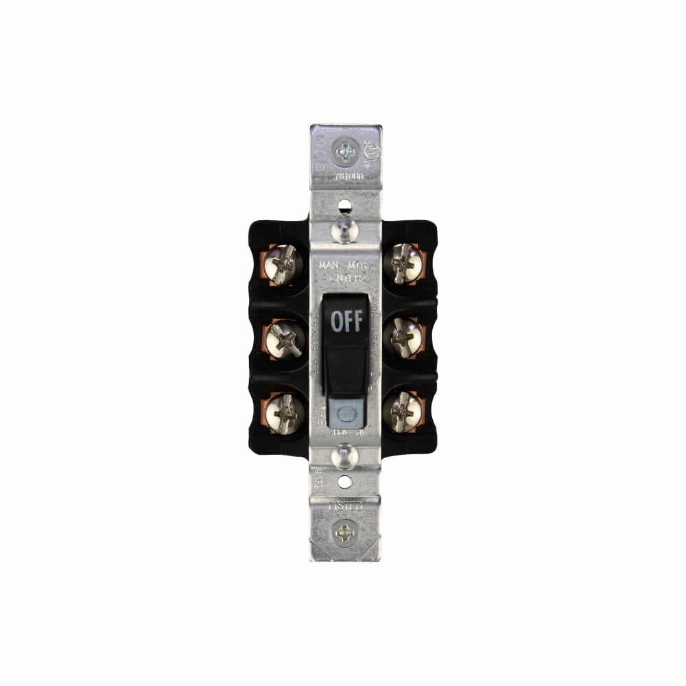 Eaton manual motor controller, Switch only, #14-10 AWG, 30A, Industrial, Panel, 600V, Front wired screw and clamp, Maintained contact, Black, Open, Three-pole, Two-position, Three-phase, Toggle switch, Copper-alloy terminal, Single-throw