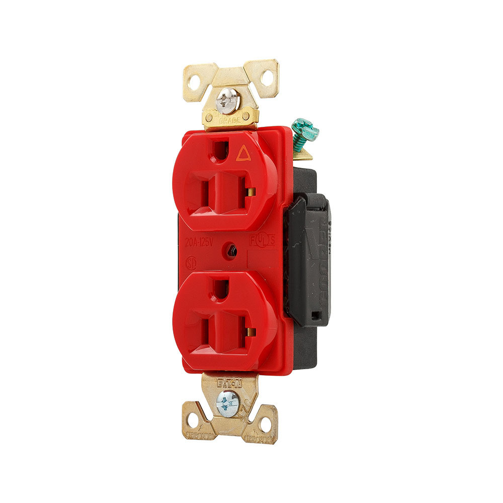 Eaton Arrow Hart extra heavy-duty industrial specification grade duplex receptacle,#14-10 AWG,20A,Flush,125V,Back and side,Red,Brass,High-impact nylon face,Glass-filled nylon base,5-20R,Screw,Core pack,Isolated ground, Terminal guards