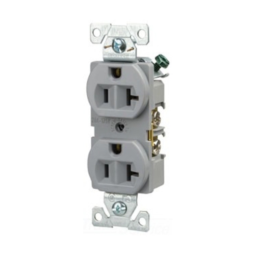 Eaton commercial specification grade duplex receptacle, #14-10 AWG, 20A, Commercial, Flush, 125V, Back and side, Gray, Brass, High-impact nylon, PVC, 5-20R, Duplex, Screw, PVC, Core pack