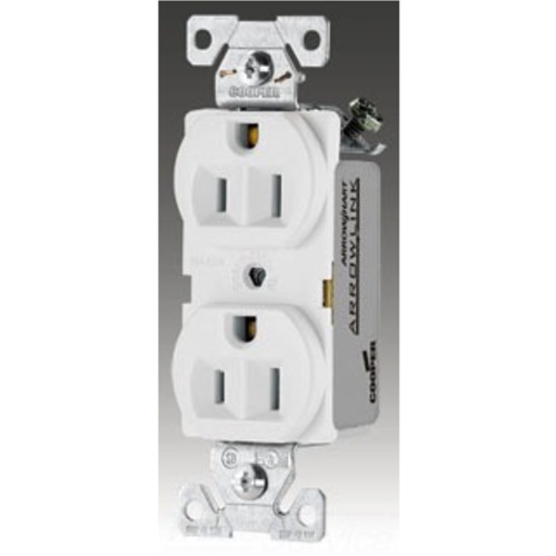 Eaton commercial specification grade duplex receptacle, #14-10 AWG, 15A, Commercial, Flush, 125V, Side wire, White, Brass, High-impact nylon, PVC, 5-15R, Duplex, Screw, PVC, Core pack