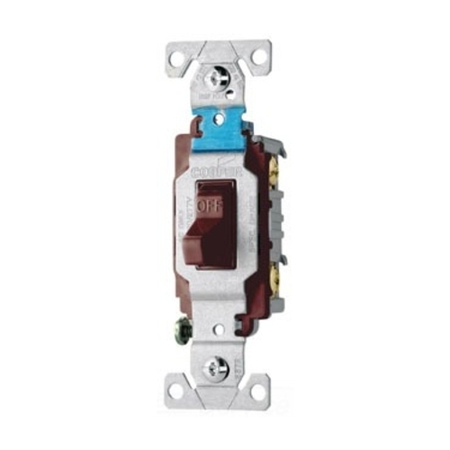 Eaton commercial grade toggle switch, #14-10 AWG, 15A, Commercial, Flush, 120/277V, Side wire, Screw, Brown, Load type: Motor Control, Fan, LED, Incandescent, ELV, MLV, CFL, Flourescent, Halogen, Single-Pole, Single-Pole, Brass, PVC