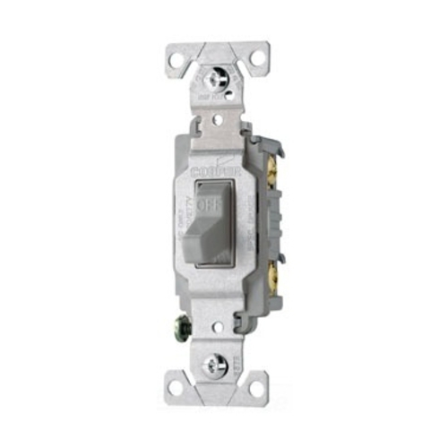 Eaton commercial grade toggle switch, #14-10 AWG, 15A, Commercial, Flush, 120/277V, Side wire, Screw, Gray, Load type: Motor Control, Fan, LED, Incandescent, ELV, MLV, CFL, Flourescent, Halogen, Single-Pole, Single-Pole, Brass, PVC