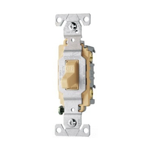 Eaton commercial grade toggle switch, #14-10 AWG, 15A, Commercial, Flush, 120/277V, Side wire, Screw, Ivory, Load type: Motor Control, Fan, LED, Incandescent, ELV, MLV, CFL, Flourescent, Halogen, Single-Pole, Single-Pole, Brass, PVC