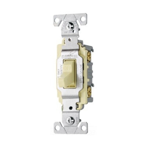 Eaton commercial grade toggle switch, #14-10 AWG, 20A, Commercial, Flush, 120/277V, Side wire, Screw, Almond, Load type: Motor Control, Fan, LED, Incandescent, ELV, MLV, CFL, Flourescent, Halogen, Single-Pole, Single-Pole, Brass, PVC