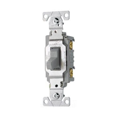 Eaton commercial grade toggle switch, #14-10 AWG, 20A, Commercial, Flush, 120/277V, Side wire, Screw, Gray, Load type: Motor Control, Fan, LED, Incandescent, ELV, MLV, CFL, Flourescent, Halogen, Single-Pole, Single-Pole, Brass, PVC