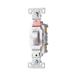 Eaton commercial grade toggle switch, #14-10 AWG, 20A, Commercial, Flush mount, 120/277V, Side wire, Screw, Ivory, Load type: Motor Control, Fan, LED, Incandescent, ELV, MLV, CFL, Flourescent, Halogen, Single-Pole, Single-Pole, Brass, PVC