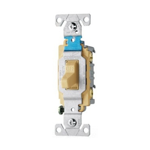 Eaton commercial grade toggle switch, #14-10 AWG, 15 A, Commercial, Flush mount, 120/277V, Side wire, Screw, Ivory, Load type: Motor Control, Fan, LED, Incandescent, ELV, MLV, CFL, Flourescent, Halogen, Double-Pole, Dual-pole, Brass, PVC
