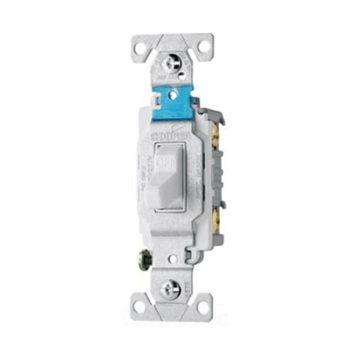 Eaton commercial grade toggle switch, #14-10 AWG, 15A, Commercial, Flush, 120/277V, Side wire, Screw, White, Load type: Motor Control, Fan, LED, Incandescent, ELV, MLV, CFL, Flourescent, Halogen, Double-Pole, Dual-pole, Brass, PVC