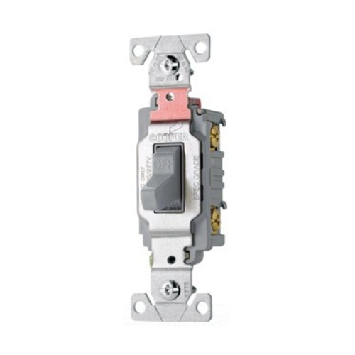 Eaton commercial grade toggle switch, #14-10 AWG, 20A, Commercial, Flush, 120/277V, Side wire, Screw, Gray, Load type: Motor Control, Fan, LED, Incandescent, ELV, MLV, CFL, Flourescent, Halogen, Double-Pole, Dual-pole, Brass, PVC