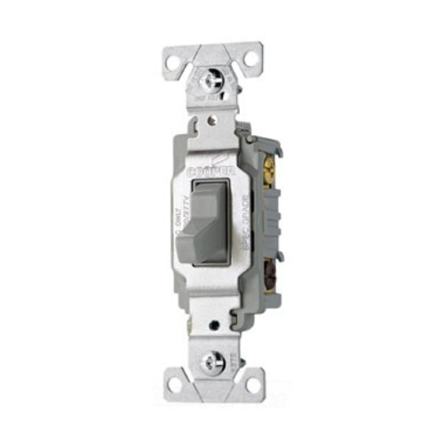 Eaton commercial grade toggle switch, #14-10 AWG, 20A, Commercial, Wall, 120/277V, Side wire, Screw, Gray, Three-Way, Copper alloy, Terminals: 0.031 in