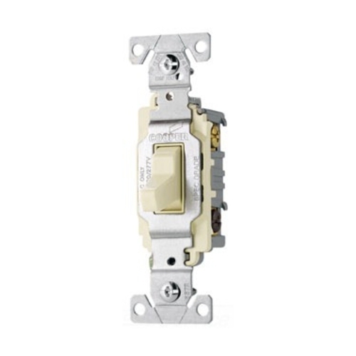 Eaton commercial grade toggle switch, #14-10 AWG, 20A, Commercial, Wall, 120/277V, Side wire, Screw, Light almond, Three-Way, Copper alloy, Terminals: 0.031 in