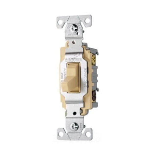 Eaton commercial grade toggle switch, #14-10 AWG, 20A, Commercial, Wall, 120/277V, Side wire, Screw, Ivory, Three-Way, Copper alloy, Terminals: 0.031 in