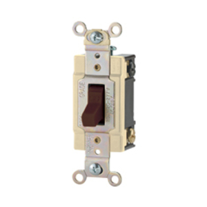 Eaton commercial grade toggle switch, #14-10 AWG, 15A, Commercial, Flush, 120/277V, Back and side, Screw, White, Load type: Motor Control, Fan, LED, Incandescent, ELV, MLV, CFL, Flourescent, Halogen, Single-Pole, Single-Pole, Brass, PVC