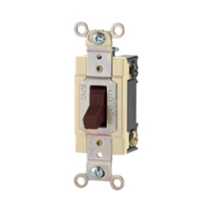 Eaton commercial grade toggle switch, #14-10 AWG, 20A, Commercial, Flush, 120/277V, Back and side, Screw, White, Load type: Motor Control, Fan, LED, Incandescent, ELV, MLV, CFL, Flourescent, Halogen, Single-Pole, Single-Pole, Brass, PVC