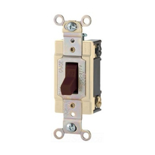 Eaton commercial grade toggle switch, #14-10 AWG, 20A, Commercial, Flush, 120/277V, Back and side, Screw, Gray, Load type: Motor Control, Fan, LED, Incandescent, ELV, MLV, CFL, Flourescent, Halogen, Double-Pole, Dual-pole, Brass, PVC