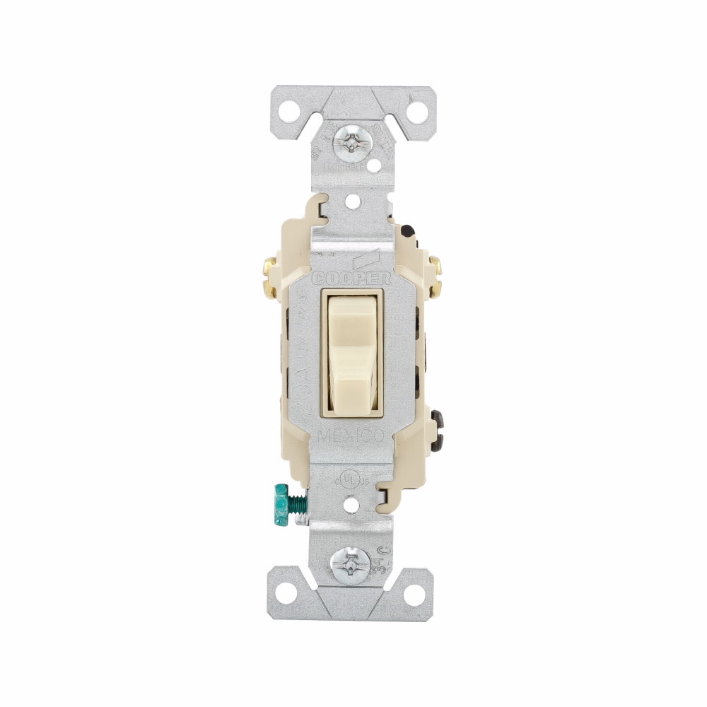 Eaton commercial grade toggle switch, #14-10 AWG, 20A, Commercial, Wall, 120/277V, Back and side, Screw, Ivory, Three-Way, Brass, Terminals: 0.031 in