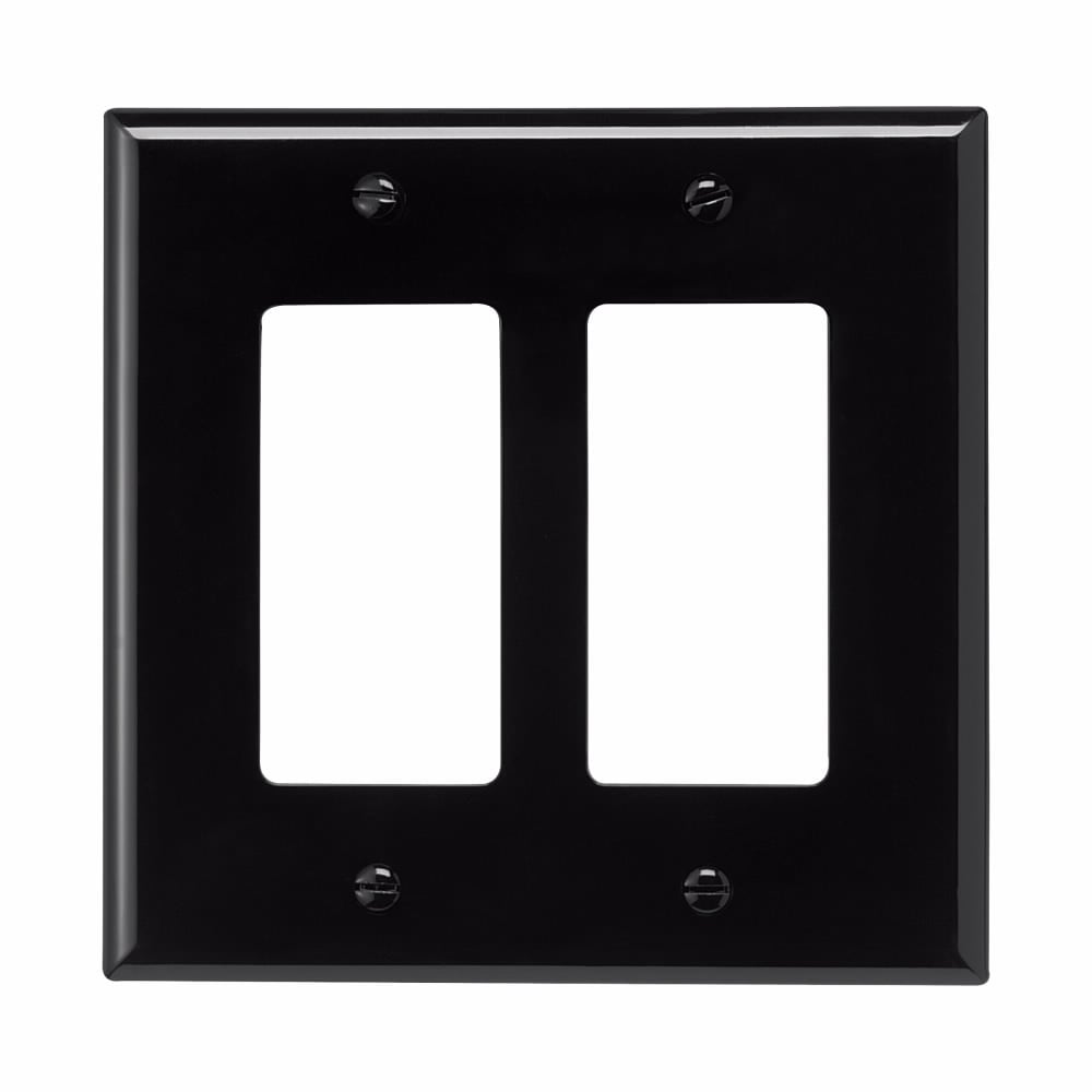 Eaton Decorator / GFCI wallplate, Black, Decorator Cutout, Polycarbonate, Two- gang, Mid-size