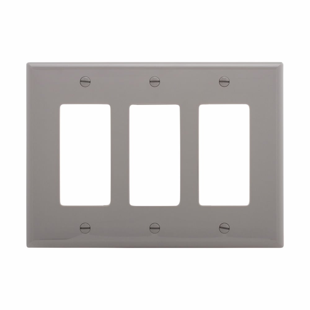 Eaton Decorator / GFCI wallplate, Gray, Decorator Cutout, Polycarbonate, Three- gang, Mid-size