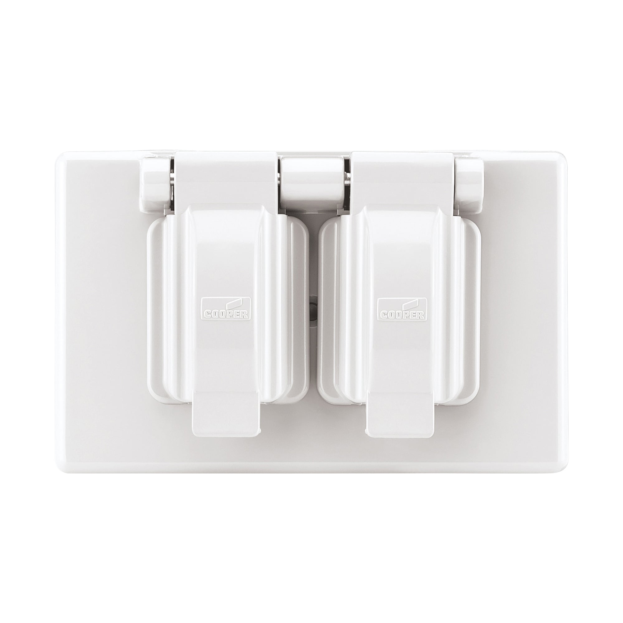 Eaton non-metallic duplex receptacle cover, Stay-open, Surface mount, White, Duplex receptacle, Dry environments, Thermoplastic, Single-gang, Horizontal, Standard