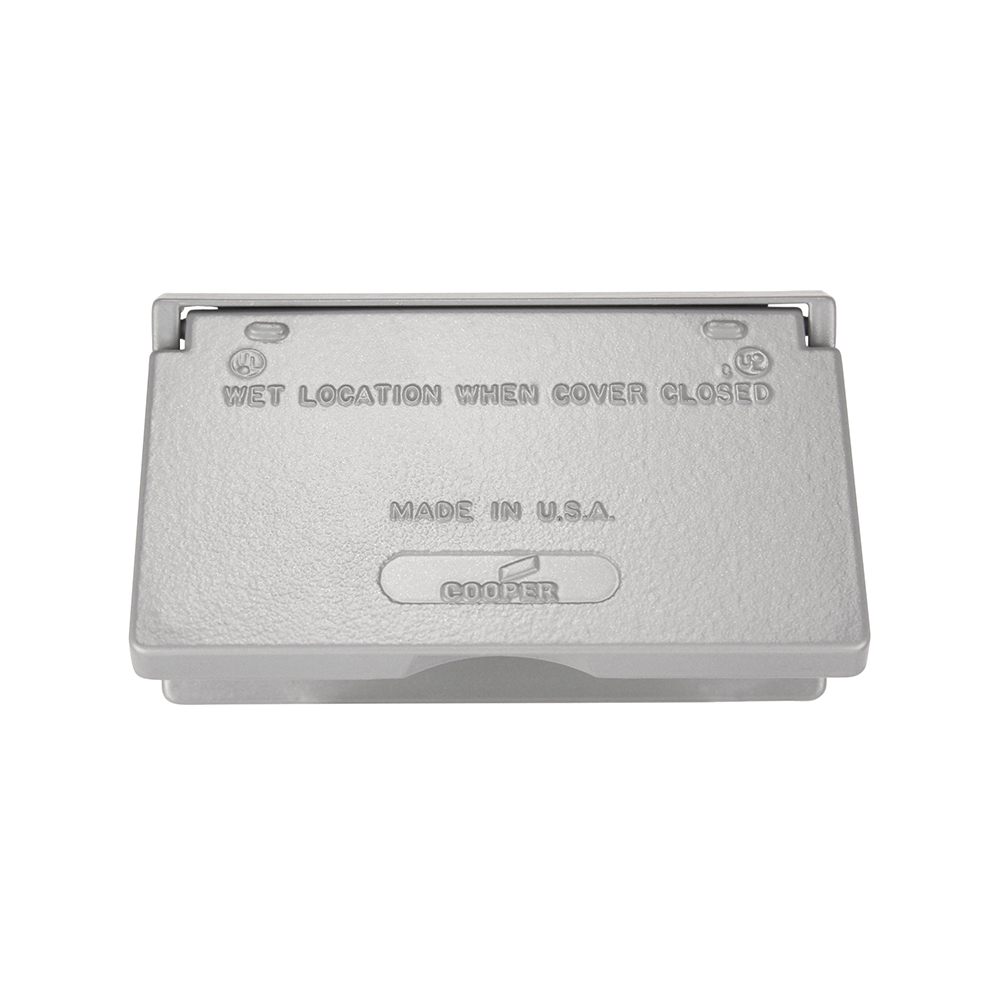Eaton die cast aluminum GFCI or decorator cover, Self-closing, Surface mount, Gray, Decorator, Wet, Electrostatically painted, powder coated metal, Single-gang, Horizontal, Standard