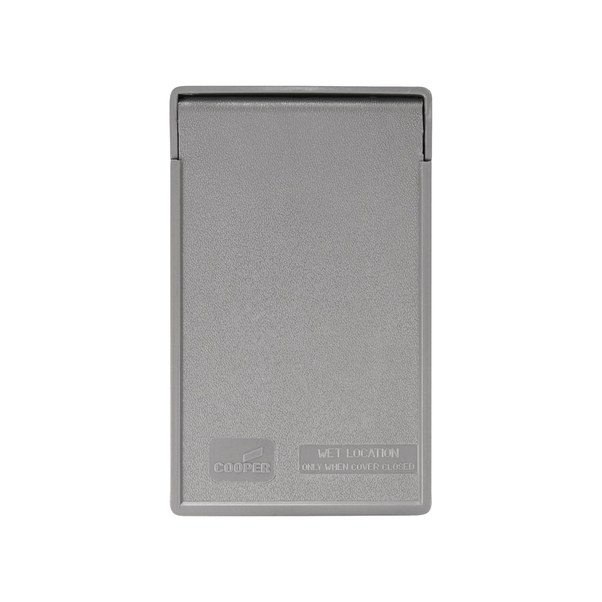 Eaton non-metallic GFCI or decorator cover, Self-closing, Surface mount, Gray, Decorator, Wet, Thermoplastic, Single-gang, Vertical, Standard