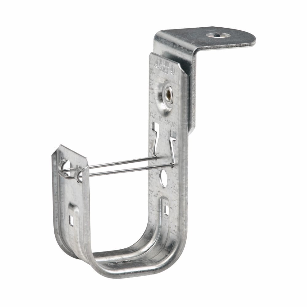 Eaton B-Line series datacomm and low voltage support fasteners, 1/2" diameter hole supports cable from 3/8" or 1/2" threaded rod,, Cable to ATR fastener, Threaded rod mount, 1-1-5/16" J-hook, Pre-galvanized, Load capacity 30 lbs, Steel