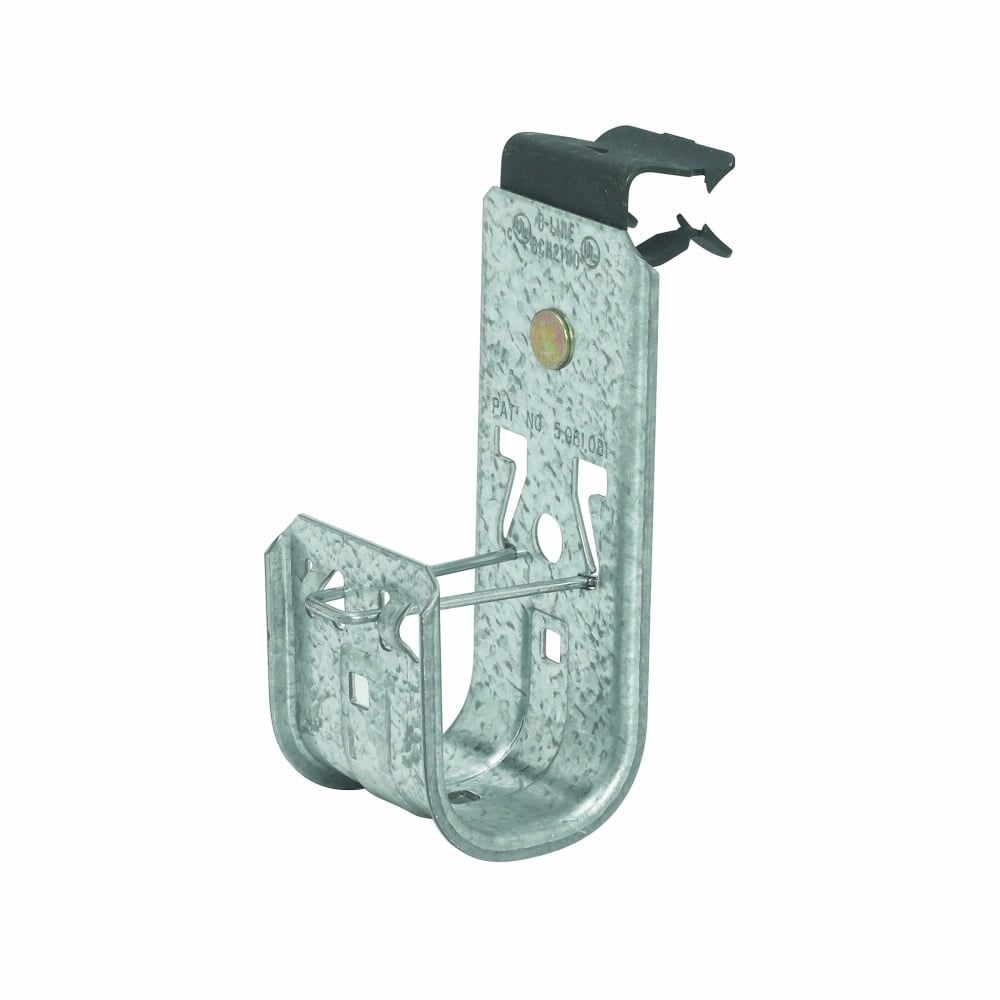 Eaton B-Line series datacomm and low voltage support fasteners, Clips to beam, Cable to beam fastener, Beam mount, 9/16" Min flange thickness, 3/4" Max flange thickness, 1-2" J-hook, Pre-galvanized, Load capacity of 30 lbs, Steel