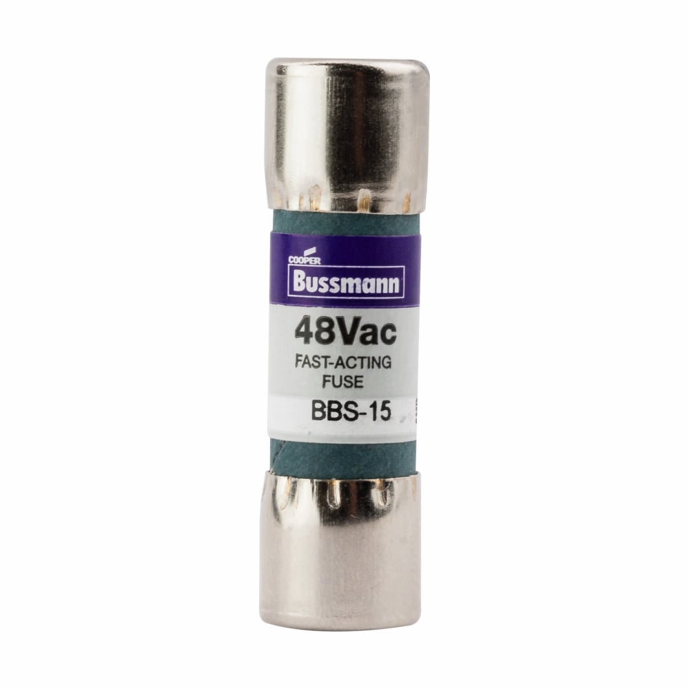 Eaton Bussmann series BBS fuse, Fast acting Midget fuse, 15 A, Non-indicating, Ferrule end x ferrule end, Consult factory, Nickel-plated brass endcaps, Standard, 48 V