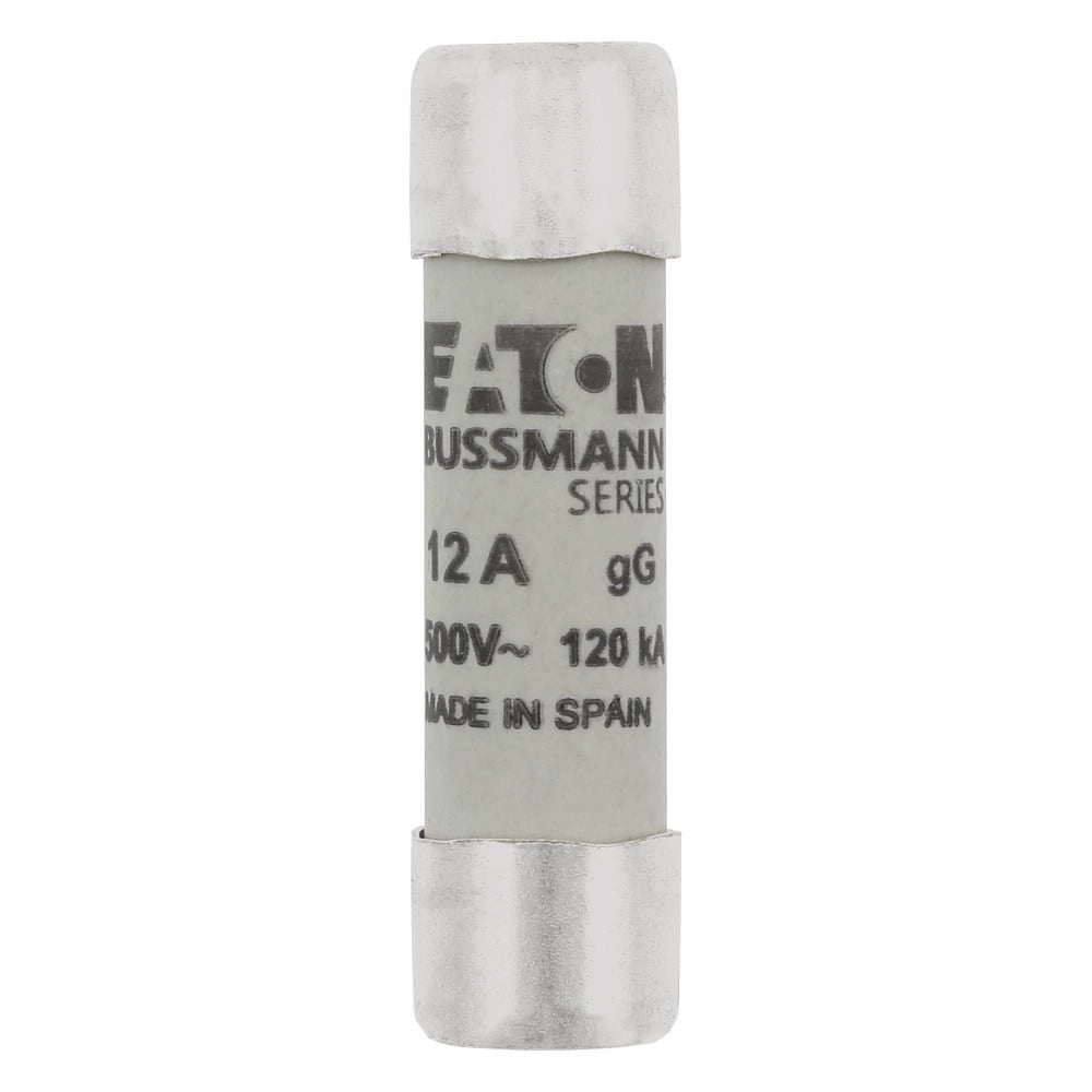 Eaton Bussmann series low voltage 10 x 38 mm cylindrical/ferrule fuse, rated at 500 Volts AC, 12 Amps, 120 kA Breaking capacity, class gG/gL, without indicator, compatible with a CHM Modular fuse holder endcap