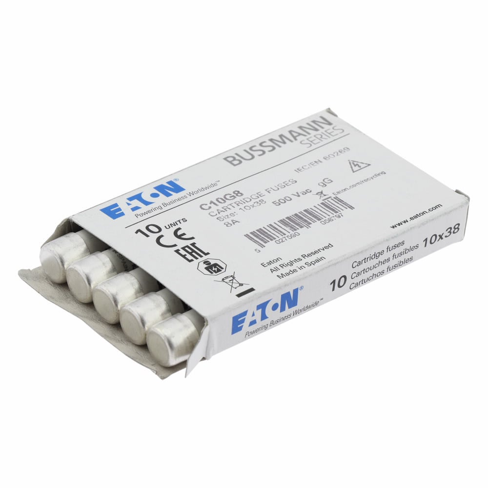 Eaton Bussmann series low voltage 10 x 38 mm cylindrical/ferrule fuse, rated at 500 Volts AC, 8 Amps,120 kA Breaking capacity, class gG/gL, without indicator, compatible with a CHM Modular fuse holder