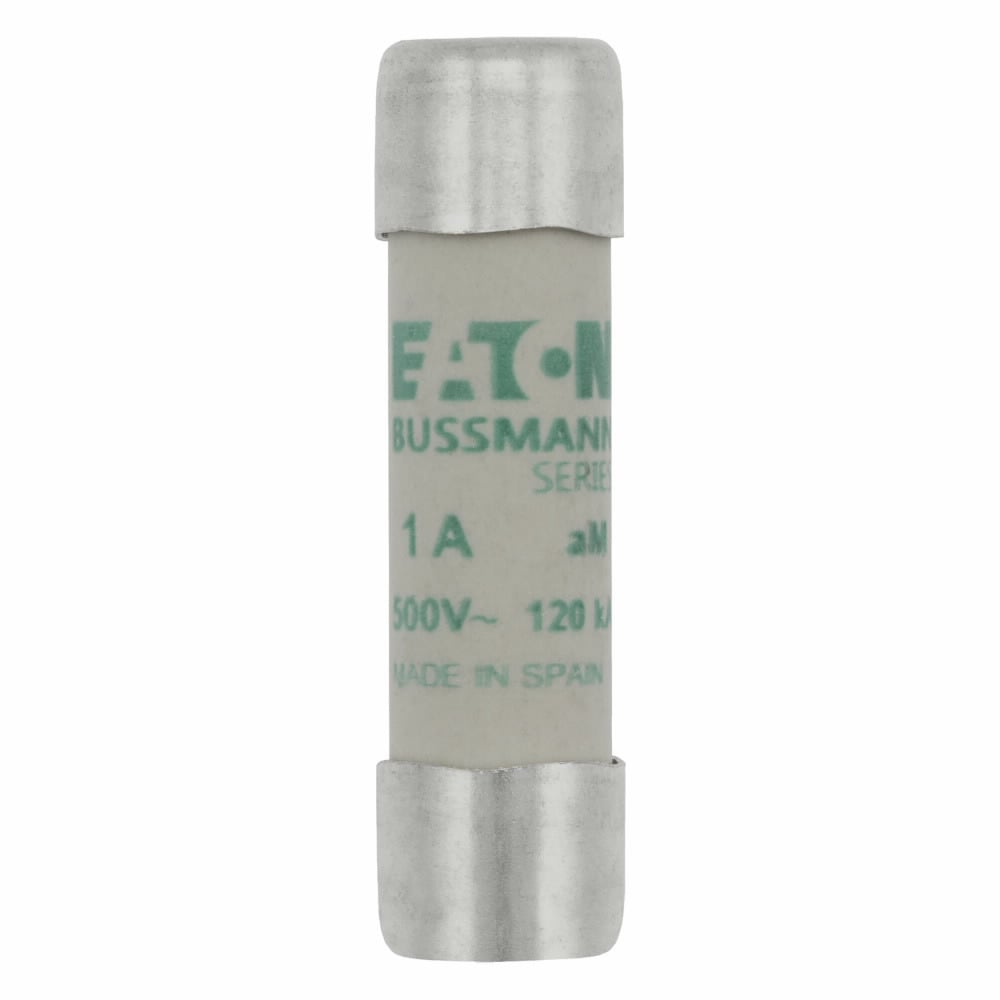 Eaton Bussmann series low voltage 10 x 38 mm cylindrical/ferrule fuse, rated at 500 Volts AC, 1 Amps, 120 kA Breaking capacity, class aM, without indicator, compatible with a CHM Modular fuse holder