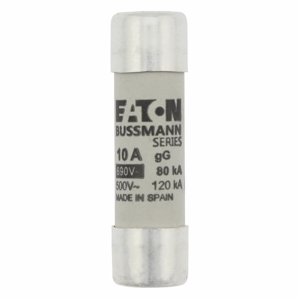 Eaton Bussmann series low voltage 14 x 51 mm cylindrical/ferrule fuse, rated at 690 Volts AC, 10 Amps, 80 kA Breaking capacity, class gG/gL, without indicator, compatible with a CH14 Modular fuse holder