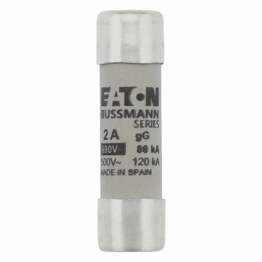 Eaton Bussmann series low voltage 14 x 51 mm cylindrical/ferrule fuse, rated at 690 Volts AC, 2 Amps, 80 kA Breaking capacity, class gG/gL, without indicator, compatible with a CH14 Modular fuse holder
