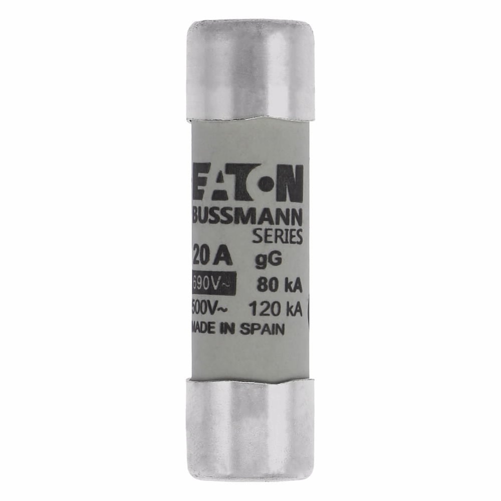 Eaton Bussmann series low voltage 14 x 51 mm cylindrical/ferrule fuse, rated at 690 Volts AC, 20 Amps, 80 kA Breaking capacity, class gG/gL, without indicator, compatible with a CH14 Modular fuse holder