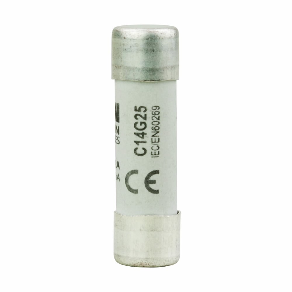 Eaton Bussmann series low voltage 14 x 51 mm cylindrical/ferrule fuse, rated at 690 Volts AC, 25 Amps, 80 kA Breaking capacity, class gG/gL, without indicator, compatible with a CH14 Modular fuse holder