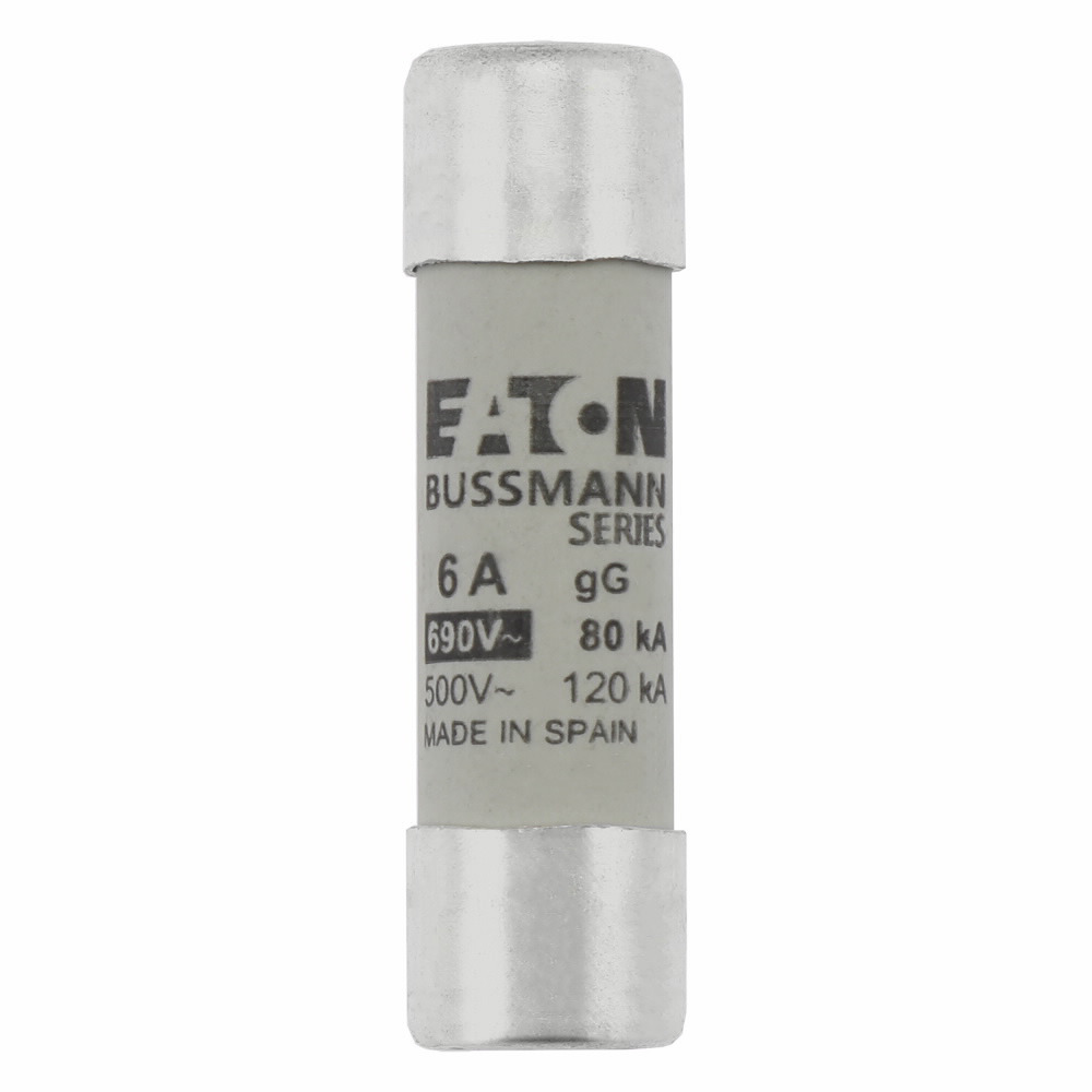 Eaton Bussmann series low voltage 14 x 51 mm cylindrical/ferrule fuse, rated at 690 Volts AC, 6 Amps, 80 kA Breaking capacity, class gG/gL, without indicator, compatible with a CH14 Modular fuse holder