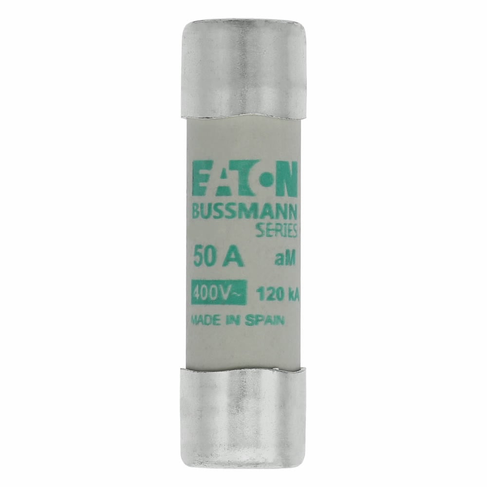 Eaton Bussmann series low voltage 14 x 51 mm cylindrical/ferrule fuse, rated at 400 Volts AC, 50 Amps, 120 kA Breaking capacity, class aM, without indicator, compatible with a CH14 Modular fuse holder