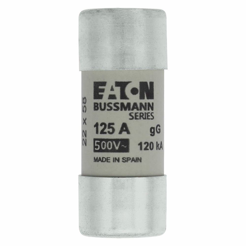 Eaton Bussmann series low voltage 22 x 58 mm cylindrical/ferrule fuse, rated at 500 Volts AC, 125 Amps, 120 kA Breaking capacity, class gG/gL, without indicator, compatible with a CH22 Modular fuse holder