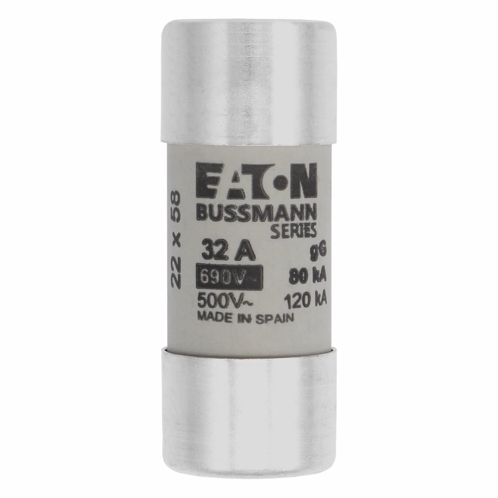Eaton Bussmann series low voltage 22 x 58 mm cylindrical/ferrule fuse, rated at 690 Volts AC, 32 Amps, 80 kA Breaking capacity, class gG/gL, without indicator, compatible with a CH22 Modular fuse holder