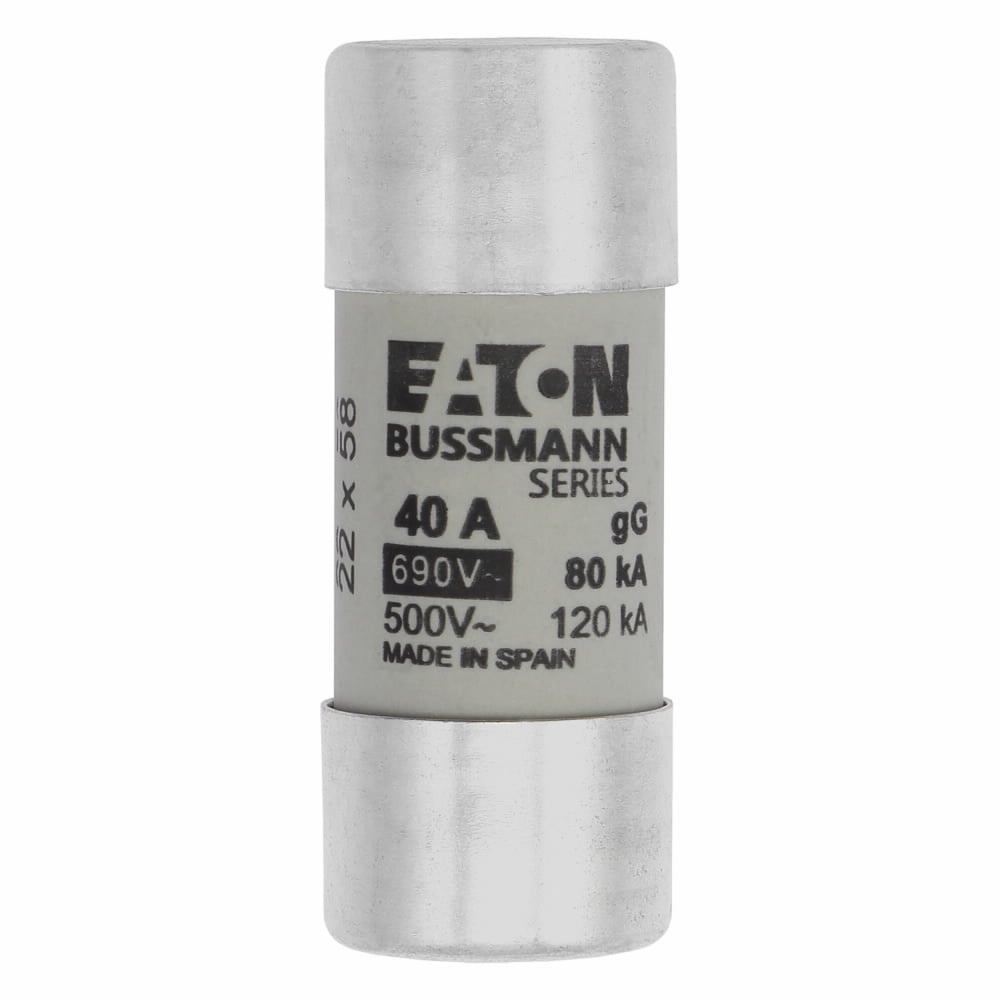 Eaton Bussmann series low voltage 22 x 58 mm cylindrical/ferrule fuse, rated at 690 Volts AC, 40 Amps, 80 kA Breaking capacity, class gG/gL, without indicator, compatible with a CH22 Modular fuse holder