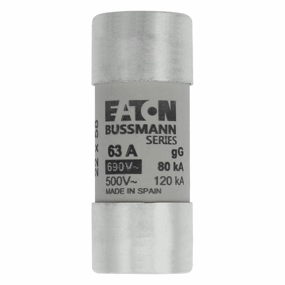 Eaton Bussmann series low voltage 22 x 58 mm cylindrical/ferrule fuse, rated at 690 Volts AC, 63 Amps, 80 kA Breaking capacity, class gG/gL, without indicator, compatible with a CH22 Modular fuse holder