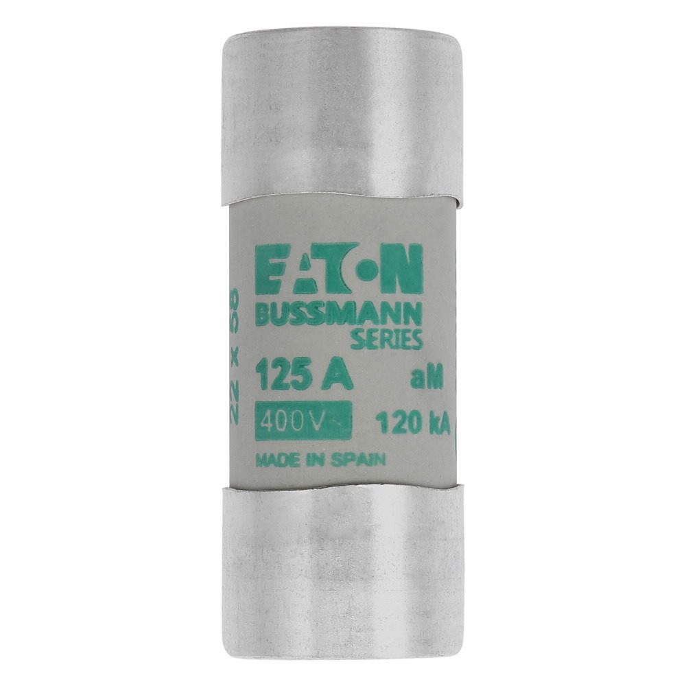 Eaton Bussmann series low voltage 22 x 58 mm cylindrical/ferrule fuse, rated at 400 Volts AC, 125 Amps, 120 kA Breaking capacity, class aM, without indicator, compatible with a CH22 Modular fuse holder