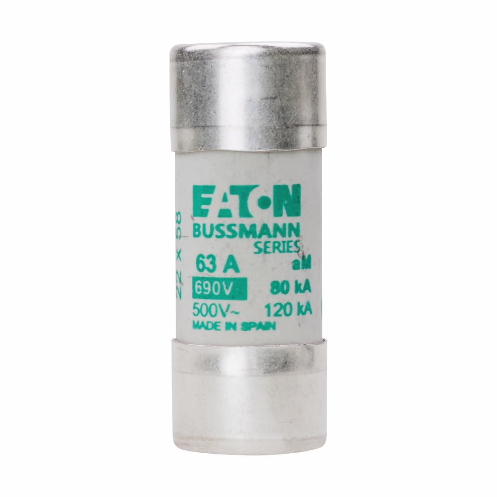 Eaton Bussmann series low voltage 22 x 58 mm cylindrical/ferrule fuse, rated at 690 Volts AC, 63 Amps, 80 kA Breaking capacity, class aM, without indicator, compatible with a CH22 Modular fuse holder